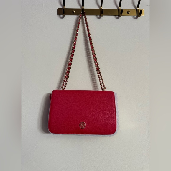 TORY BURCH Pebbled Leather Shoulder Bag With Adjustable Chain Vermillion Red - Picture 2 of 12